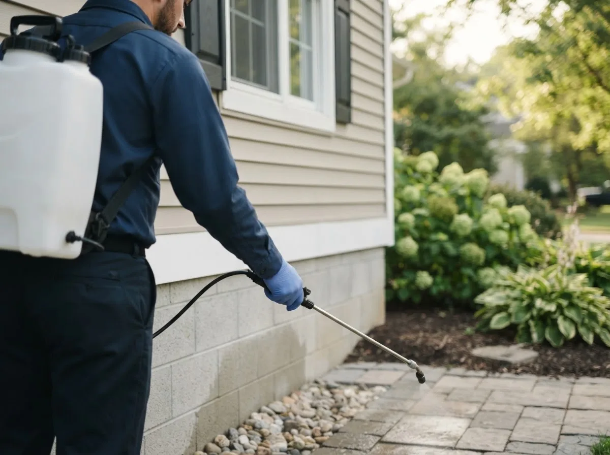 Pest control technician inspecting a home in Friant, CA
